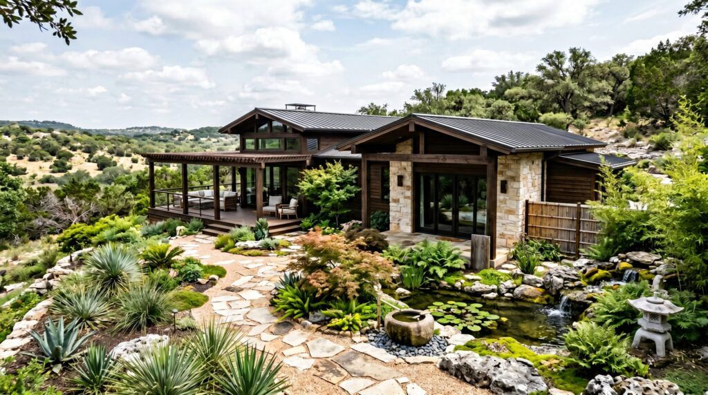 Blended Custom luxury Hill Country landscaping with limestone beds, native grasses, agave, stone walkway