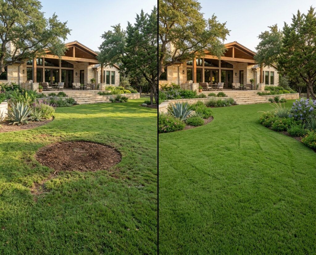 Comparison of yard immediately after tree removal versus fully restored landscape at a Hill Country home