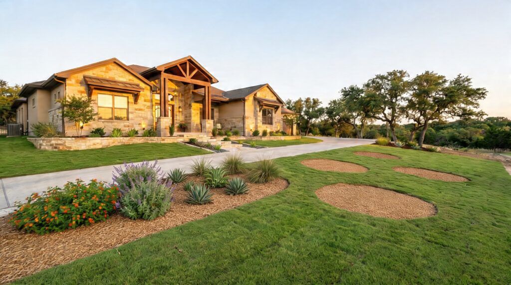 Wide shot of a luxury Hill Country home in Helotes, Texas after tree removal and stump grinding. Area is leveled, clean, and ready for new landscaping. Fresh soil, restored lawn, and native plants visible.