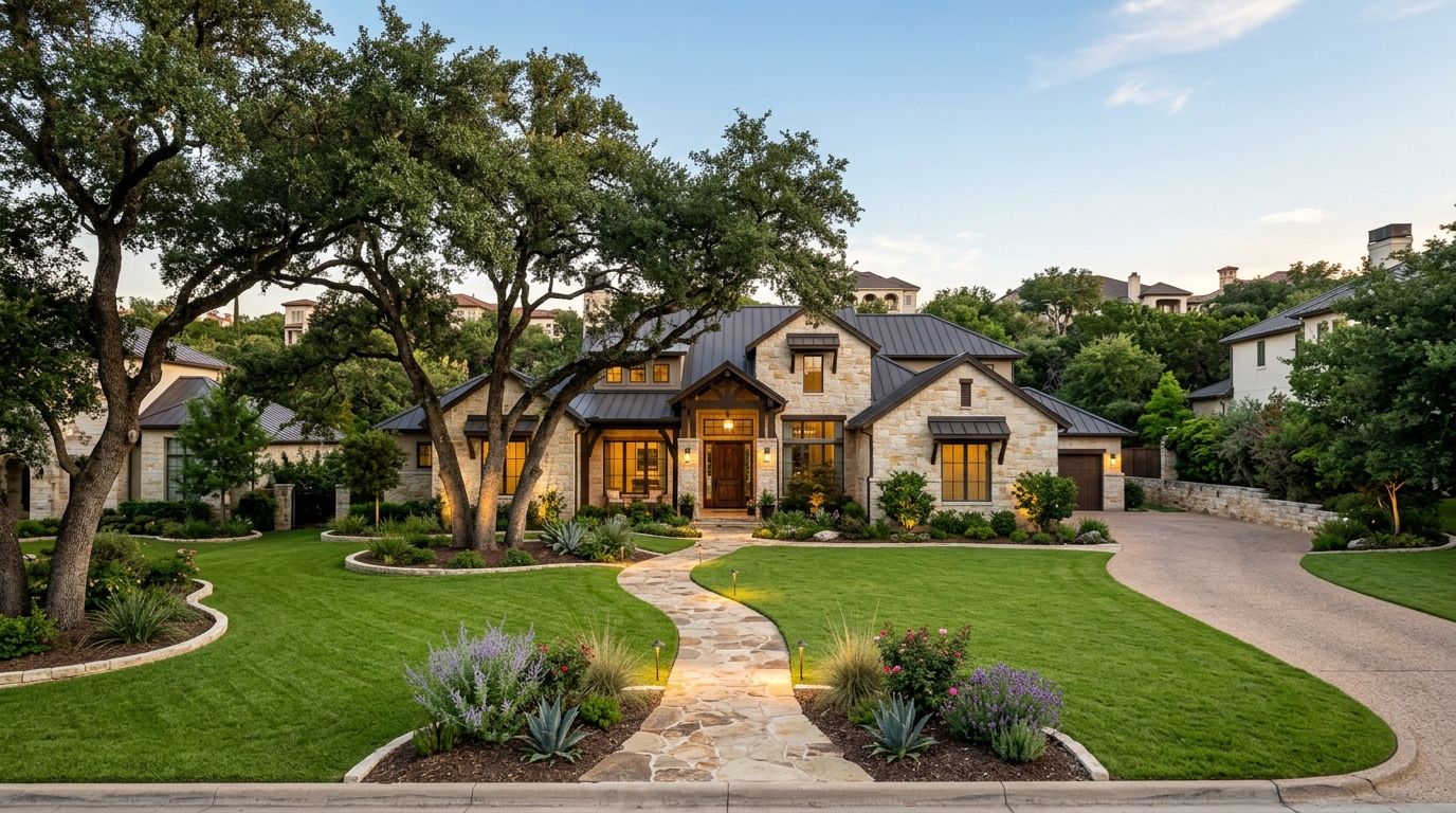 Alamo Heights luxury Hill Country home landscape installation with stone edging, native plants, and lighting