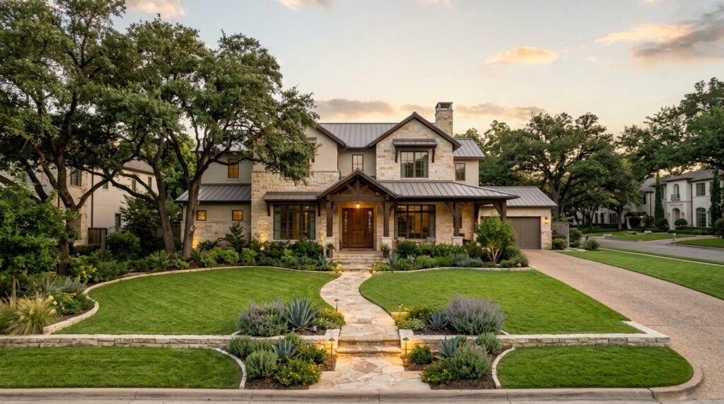 Alamo Heights luxury Hill Country home landscape installation with stone walkway, native plants, lighting