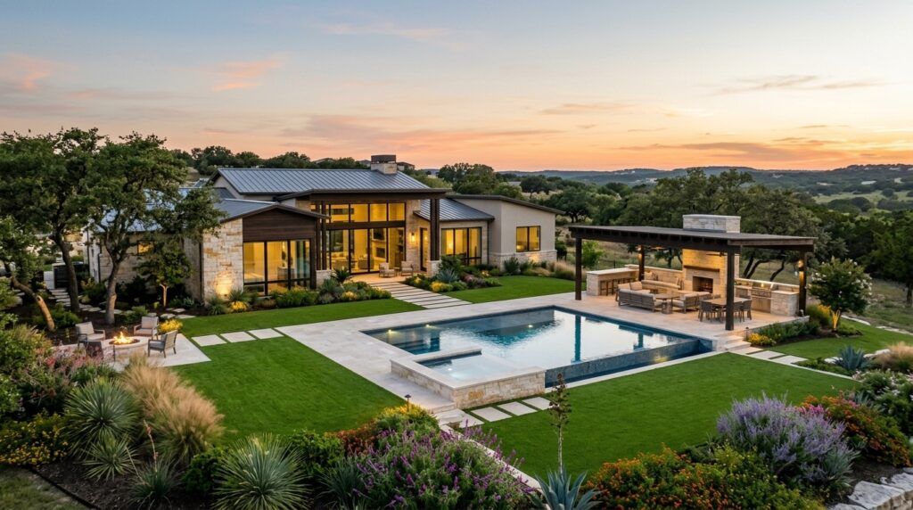 Modern luxury Texas home with expansive front yard landscaping, stone edging and drought-tolerant plants, Alamo Ranch