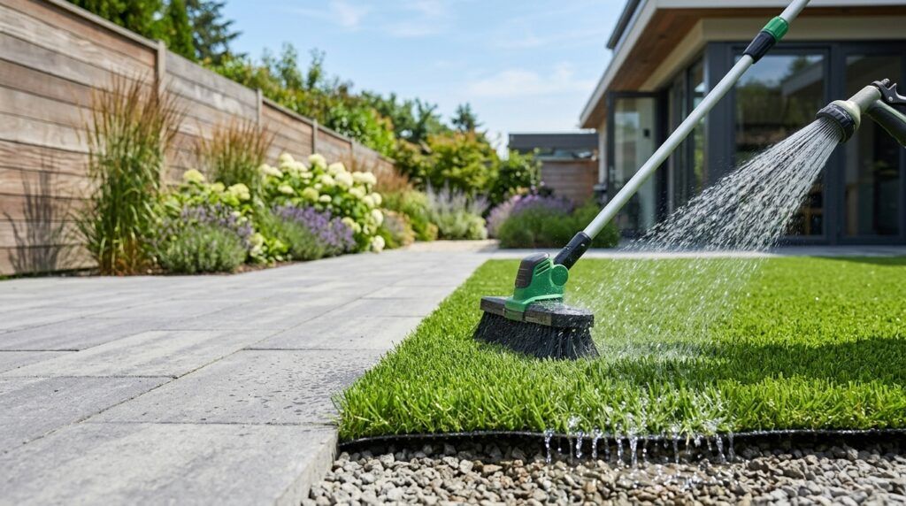 Maintained artificial turf lawn in a clean San Antonio backyard with proper drainage.