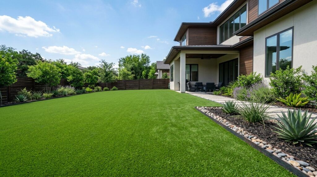 Artificial turf installation in a San Antonio backyard with clean seams, trimmed edges, and a modern home setting.