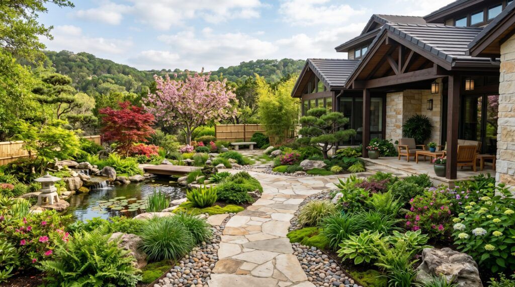 Asian-inspired backyard garden with natural stone pathway, ornamental trees, lush greenery and serene courtyard design