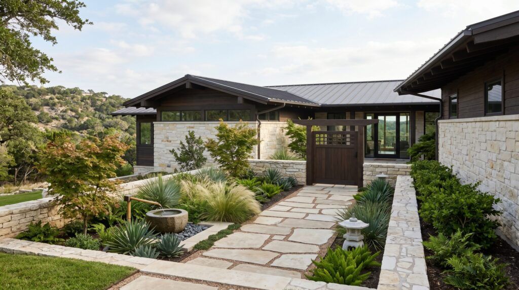 Asian-inspired entry garden with clean stone paving lines, calm layered planting, minimalist front walkway