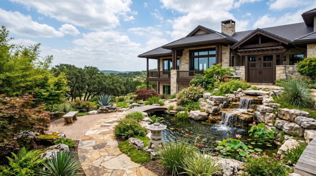 Asian-inspired garden corner with natural stone water feature, bamboo and lush plants for serene landscaping