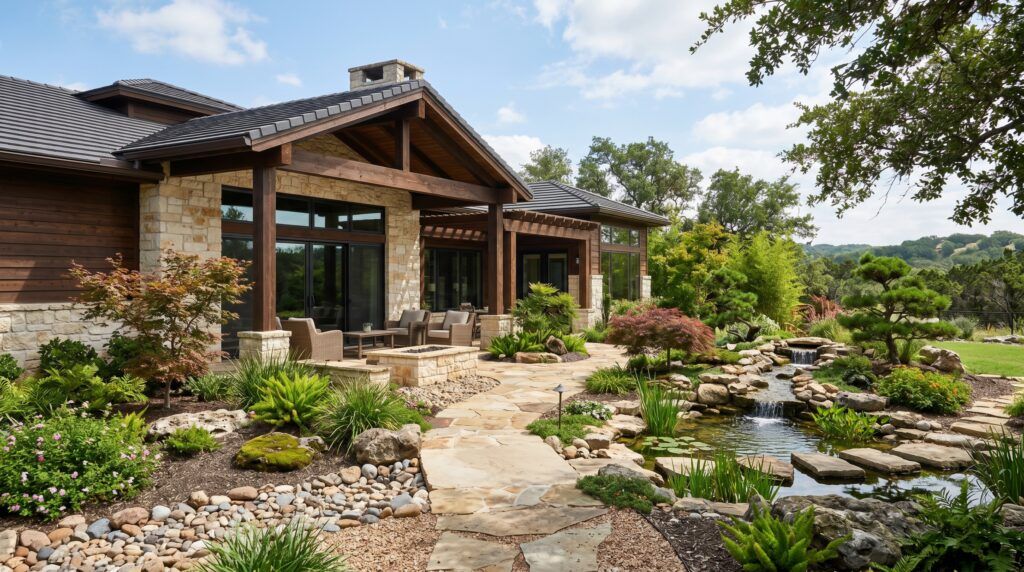 Asian-inspired landscape design with stone path, gravel and boulders, drought-tolerant landscaping and xeriscape plants.