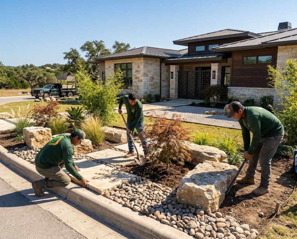 Landscapers place boulders and ornamental grasses in an Asian-inspired, drought-tolerant xeriscape landscape installation.