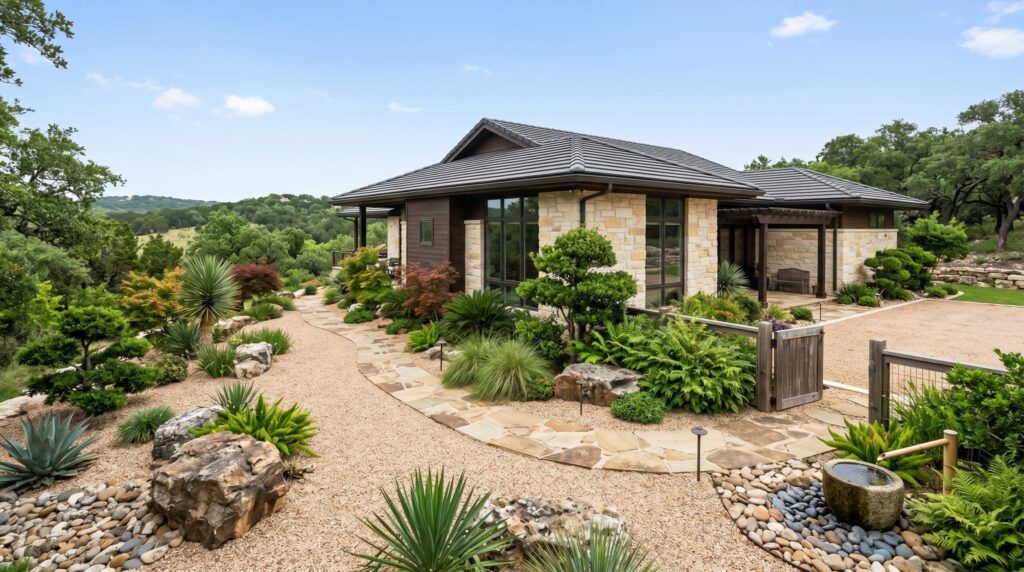 Asian-inspired side yard landscape with gravel ground cover, stepping stones, and stone accents