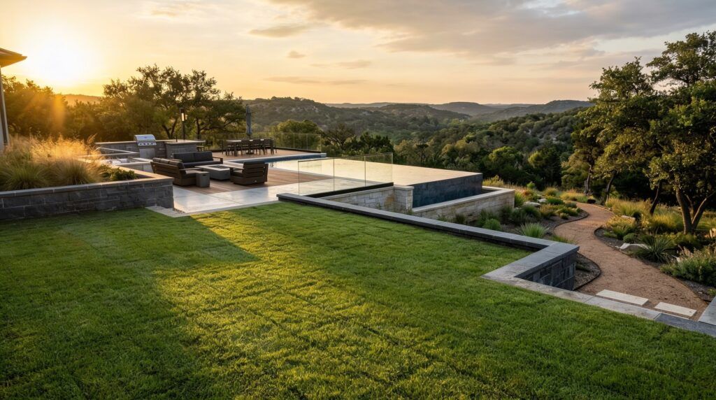 Helotes backyard artificial turf installation with stone retaining walls and modern patio on hill country terrain