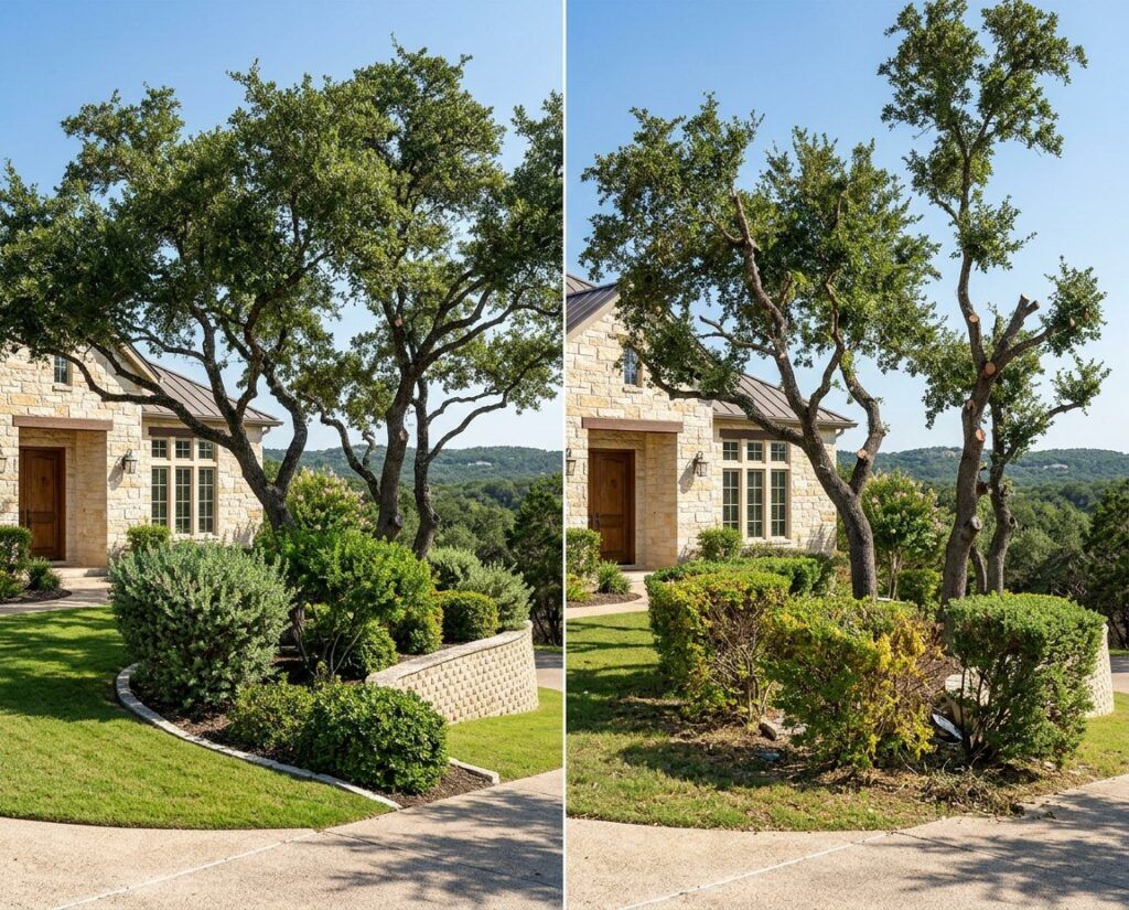 Comparison of ideal versus poor timing for tree and shrub trimming at a Hill Country home