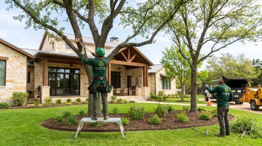 Seasonal view of a luxury Hill Country home in Texas during early spring with trees being professionally trimmed. Fresh growth, clear sky, a