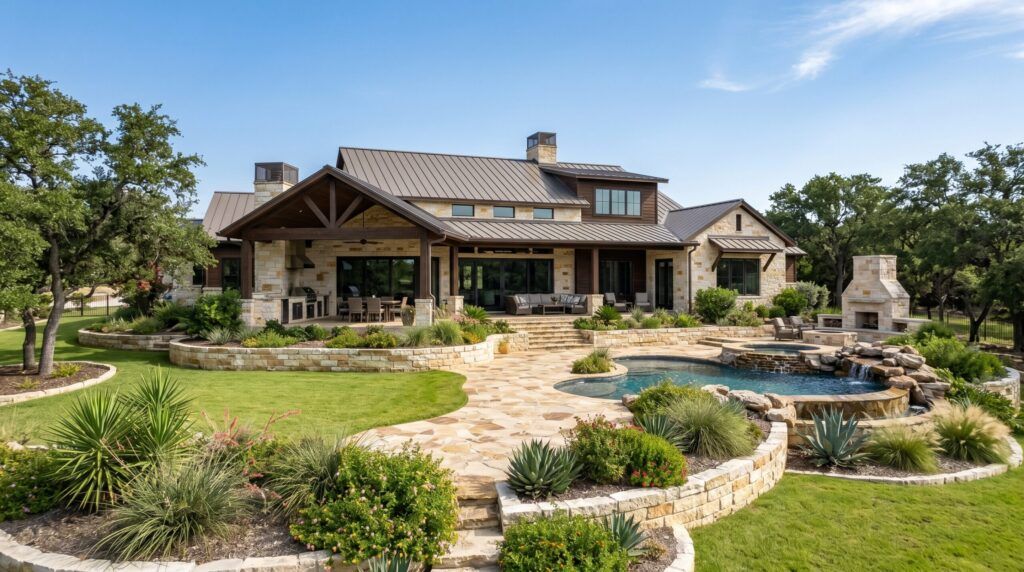 Blended Custom Backyard Landscape with paver patio, stone walkway, lush lawn, shrubs, and mixed planting beds