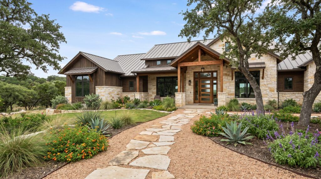 Blended Custom Entry Walkway with stone pavers, lush border plantings, and curated landscape accents