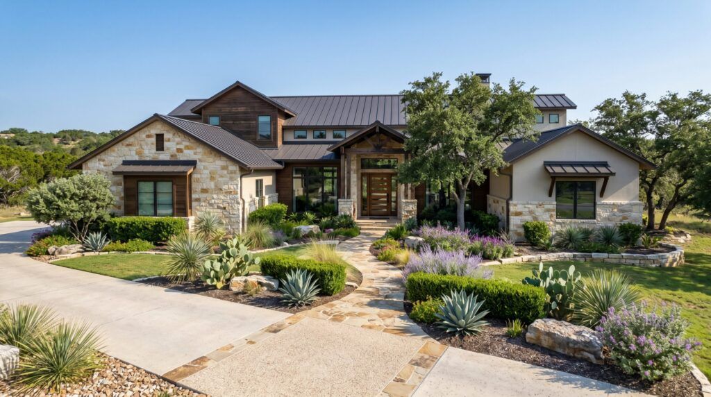 Blended Custom front yard landscape with mixed stone and mulch beds, curated shrubs, perennials, and entry edging