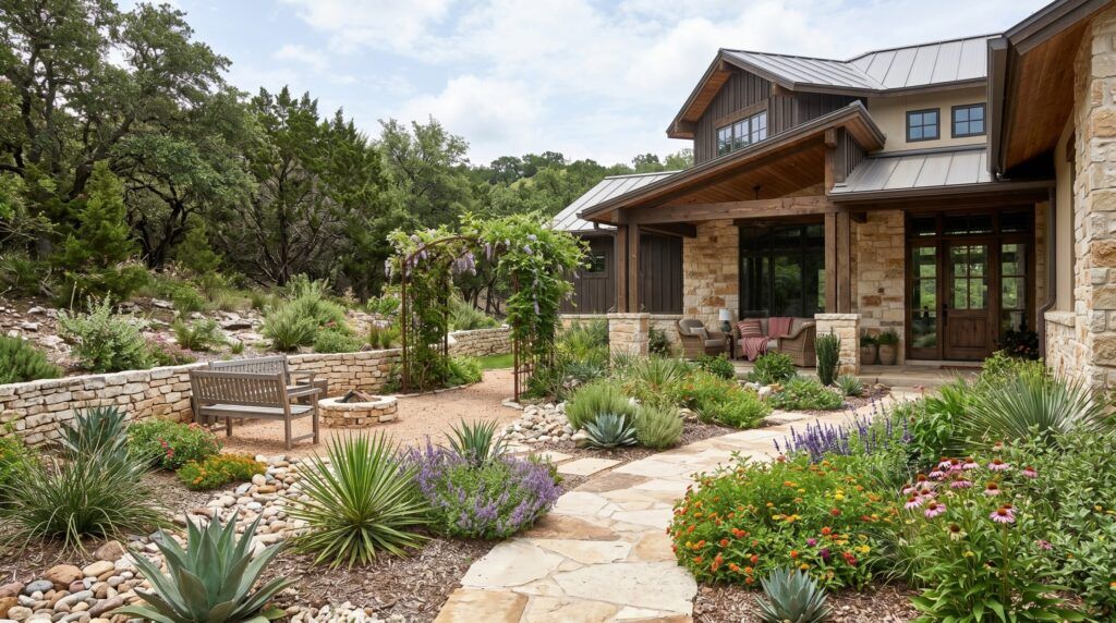Blended Custom Garden with layered perennials, stone edging, mulch beds and smooth paver-to-gravel transitions