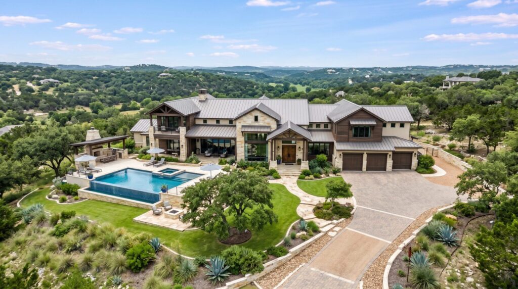 Blended Custom Landscape Layout with layered shrubs, stone edging, mulched beds and lawn, elevated view