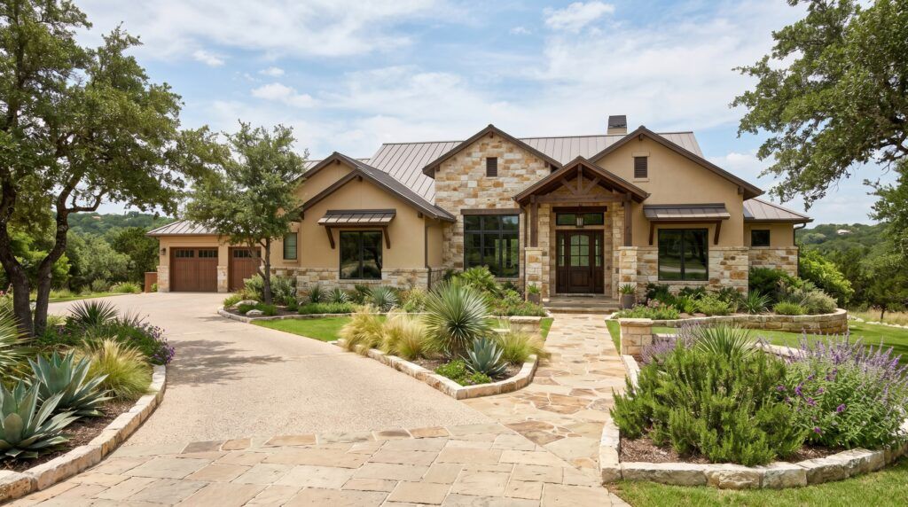 Hill Country front yard landscape design with natural stone beds, gravel xeriscape, drought-tolerant landscaping plants.