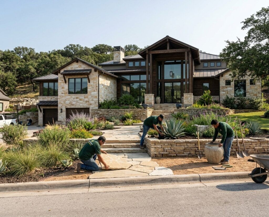Landscapers set limestone and plant natives in Hill Country xeriscape landscape installation for drought-tolerant landscaping.