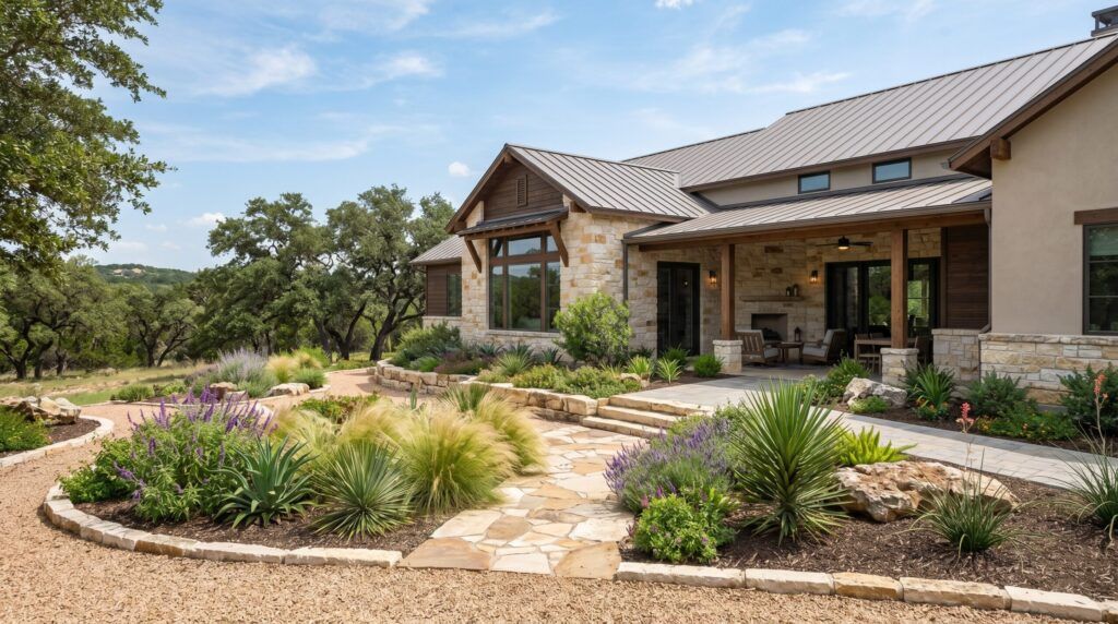 Blended-custom-side-yard-landscape with natural stone walkway, modern planting beds, and low-maintenance greenery
