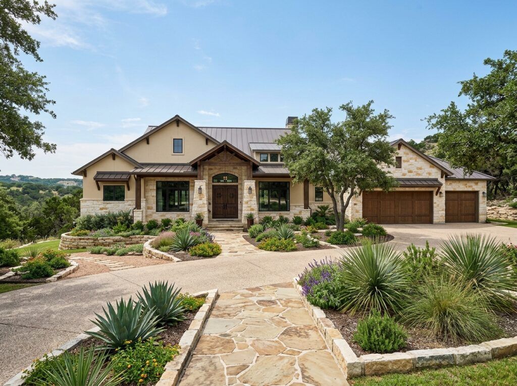 After xeriscaping landscape design with stone edging, native plants and drought-tolerant landscaping in front yard