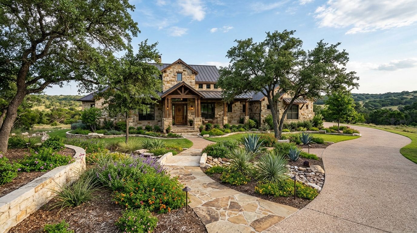 Luxury hill country home landscape installation with natural stone edging, drought-tolerant plants, and clean hardscape lines