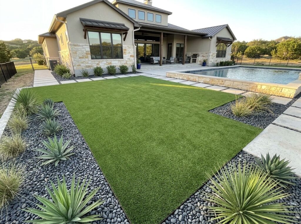 BudgetSaver Green artificial turf installed in a San Antonio, TX yard, workers smoothing seams and edges.