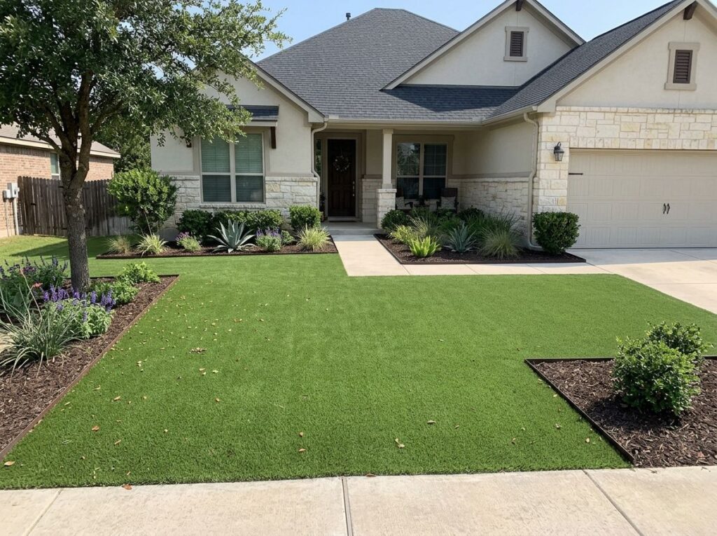 Crew installs BudgetSaver Green artificial turf in a San Antonio, TX yard, smoothing seams for a neat finish.