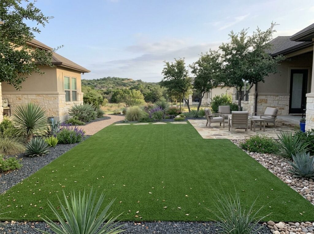BudgetSaver Green artificial turf being installed in a San Antonio, TX yard with workers laying green rolls