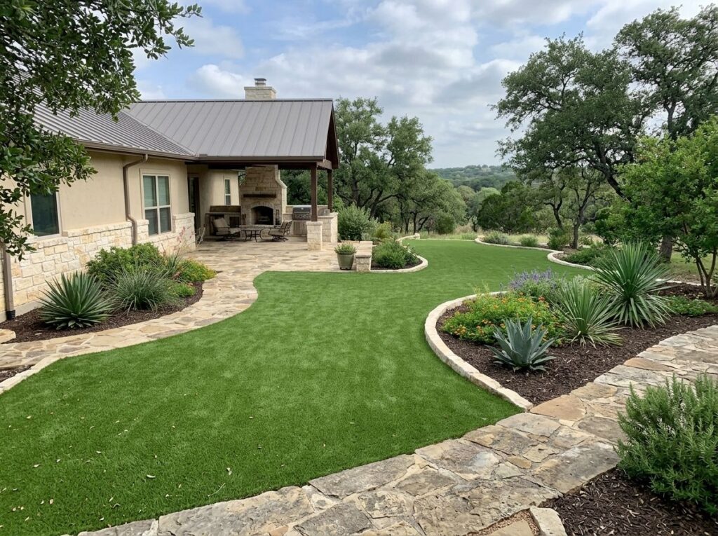BudgetSaver Green artificial turf installed in a San Antonio, TX backyard, workers smoothing seams for a neat lawn.