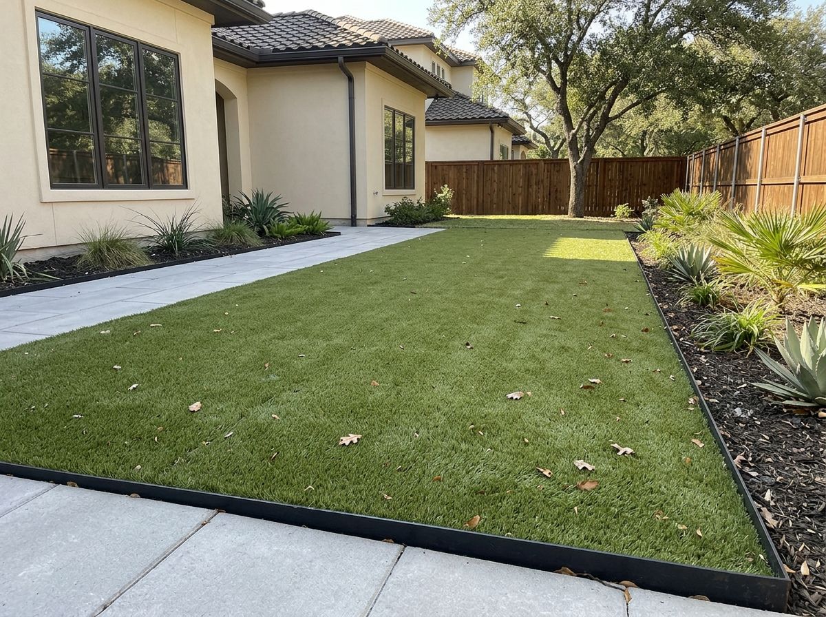 BudgetSaver Green artificial turf installed in a San Antonio, TX backyard, fresh green lawn around patio.