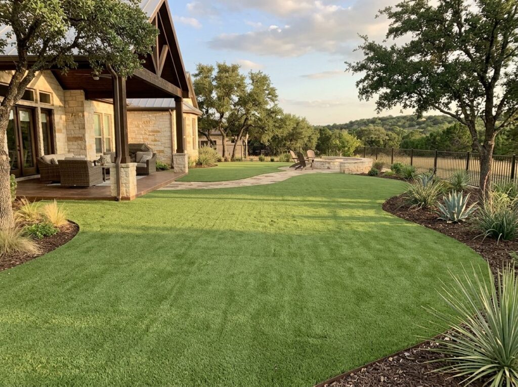 BudgetSaver Green artificial turf installed in a San Antonio, TX yard, workers smoothing seams for a clean finish