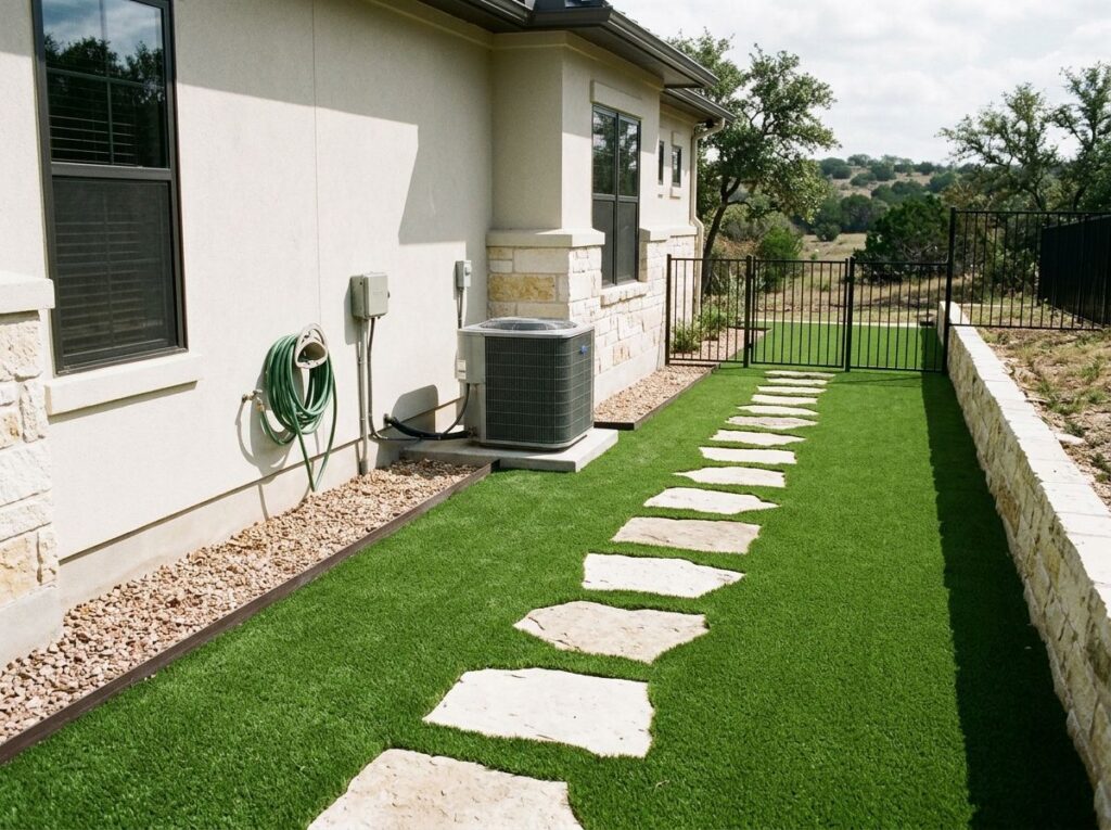 BudgetSaver Green artificial turf installed in a San Antonio, TX yard, workers securing seams and edging.