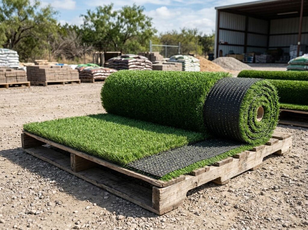 BudgetSaver Green artificial turf installed on a yard in San Antonio, TX, with crew smoothing and securing seams.