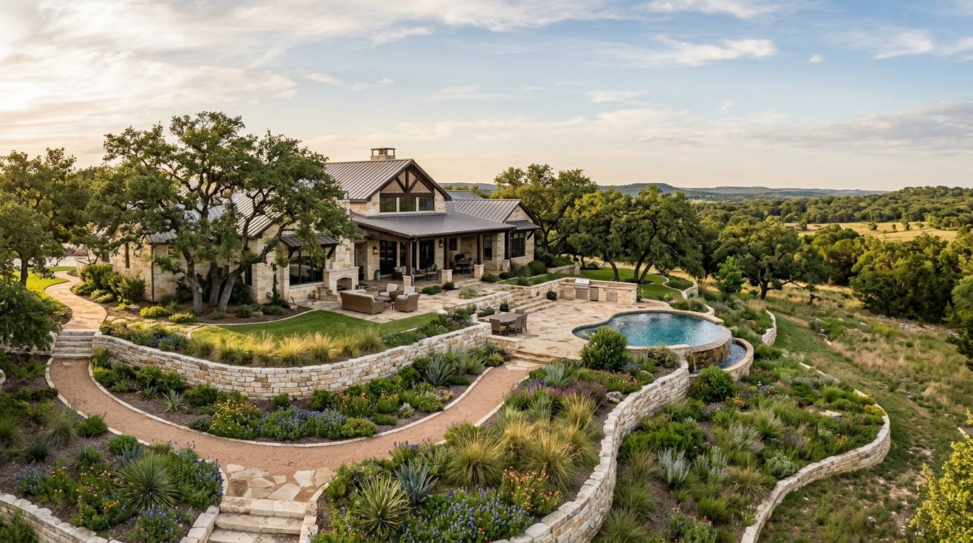 Camp Bullis hill country residence landscape installation with stone walkway, drought-tolerant plants and lighting