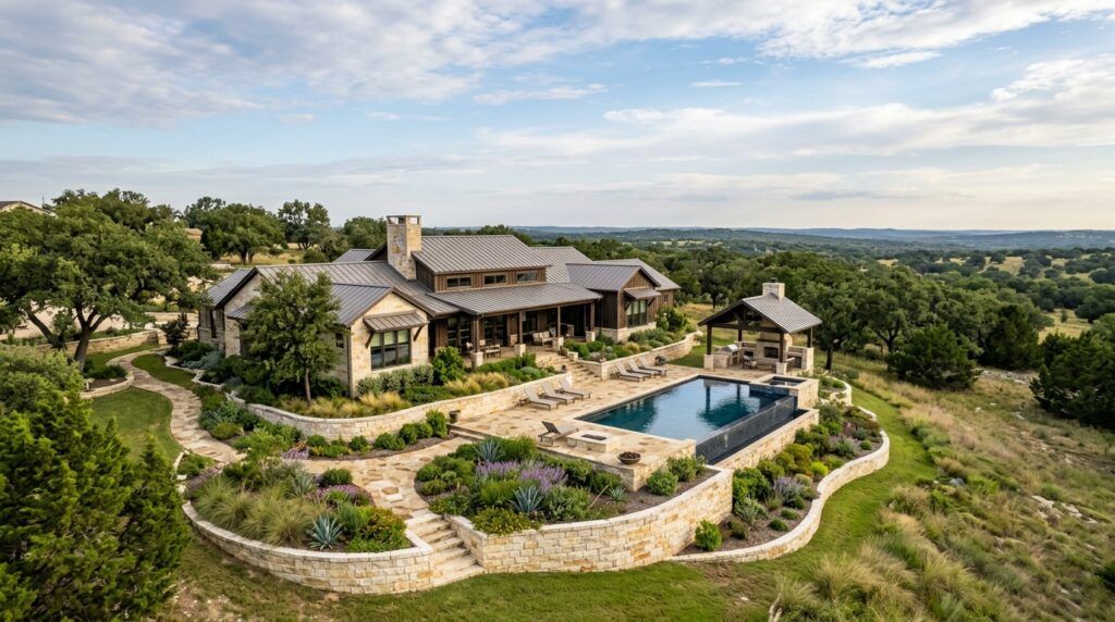 Hill Country residence landscape installation with native plants, stone edging, and fresh mulch planting beds