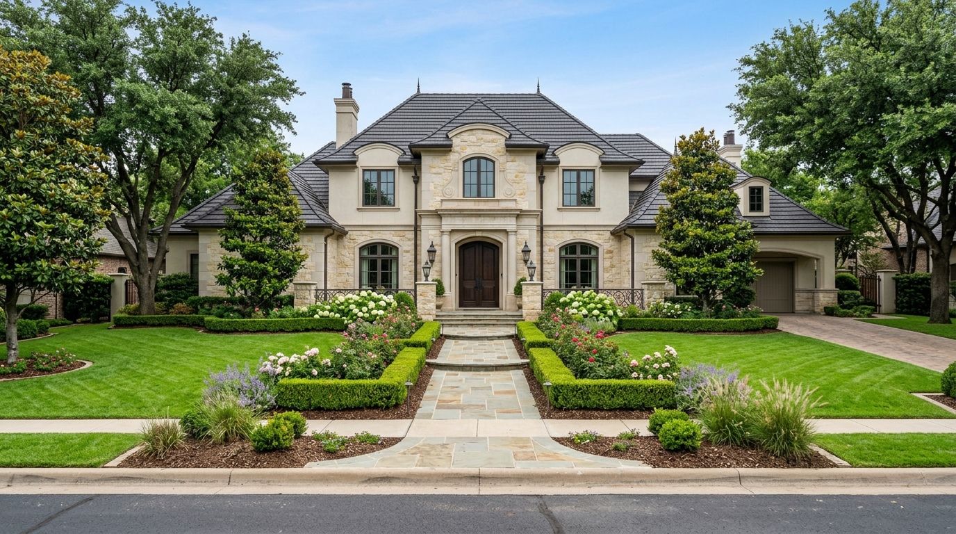 Castle Hills luxury home front yard landscape with manicured lawn, shrubs, and stone walkway