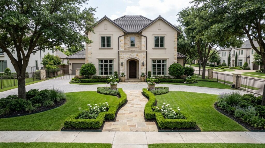 Castle Hills luxury home landscape installation with stone edging, lush lawn, and trimmed shrubs