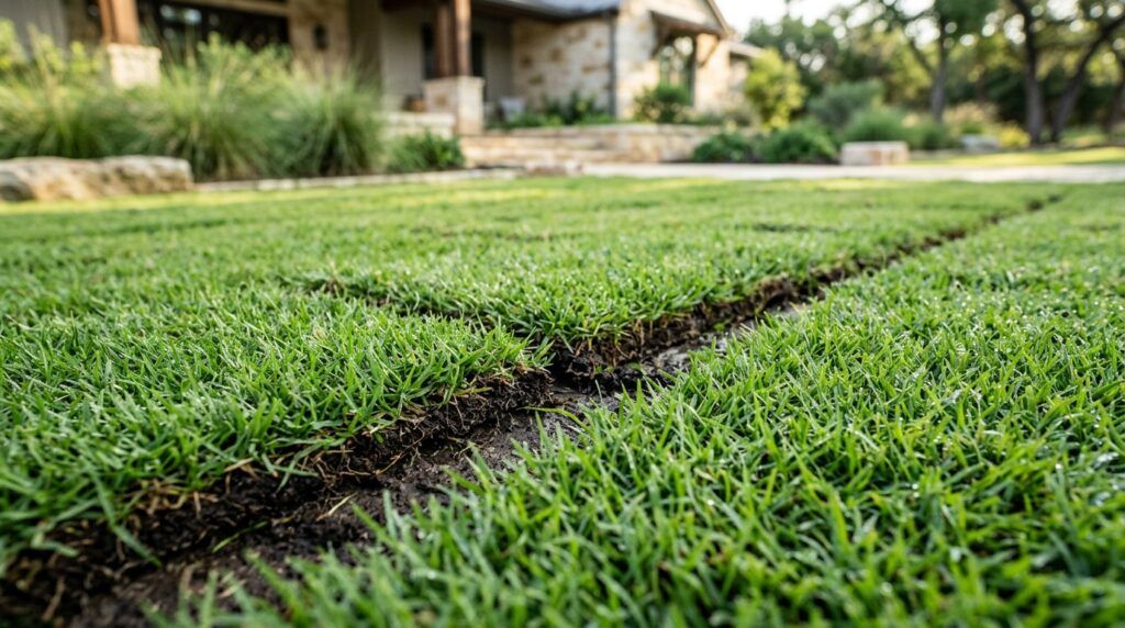 Closeup of artificial turfgrass installation at luxury hill country home with vibrant green grass over rich soil