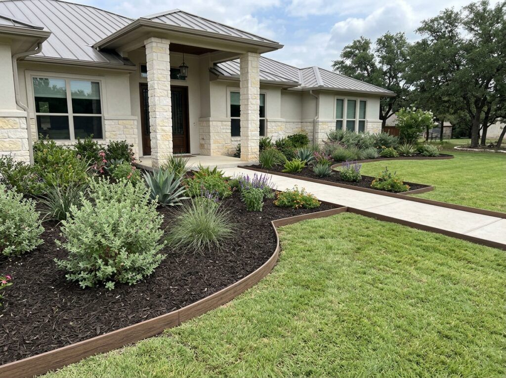 Composite Landscape Edging Board landscape edging installed as dark board border along gravel path and garden bed.