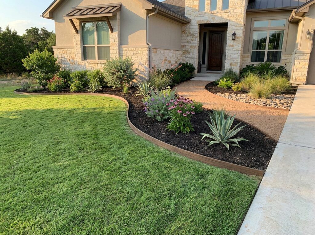 Composite Landscape Edging Board landscape edging installed as a dark composite border between mulch and lawn.