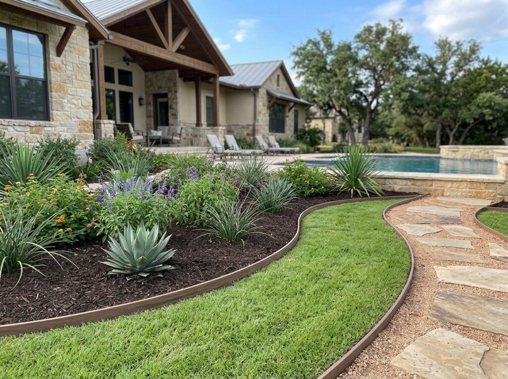 Composite Landscape Edging Board landscape edging installed as a straight border between gravel path and grass.