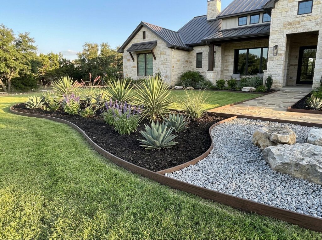 Composite Landscape Edging Board landscape edging installed as dark brown boards bordering a garden bed.