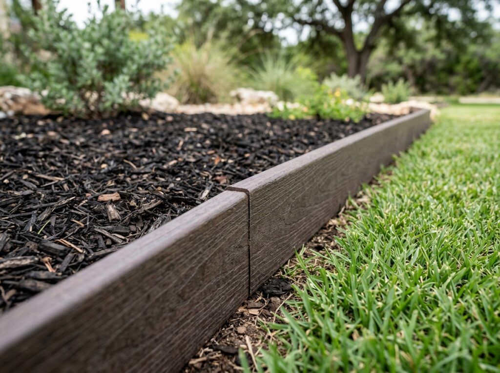 Composite Landscape Edging Board landscape edging installed along a garden bed, wood-look composite border edging mulch and soil.