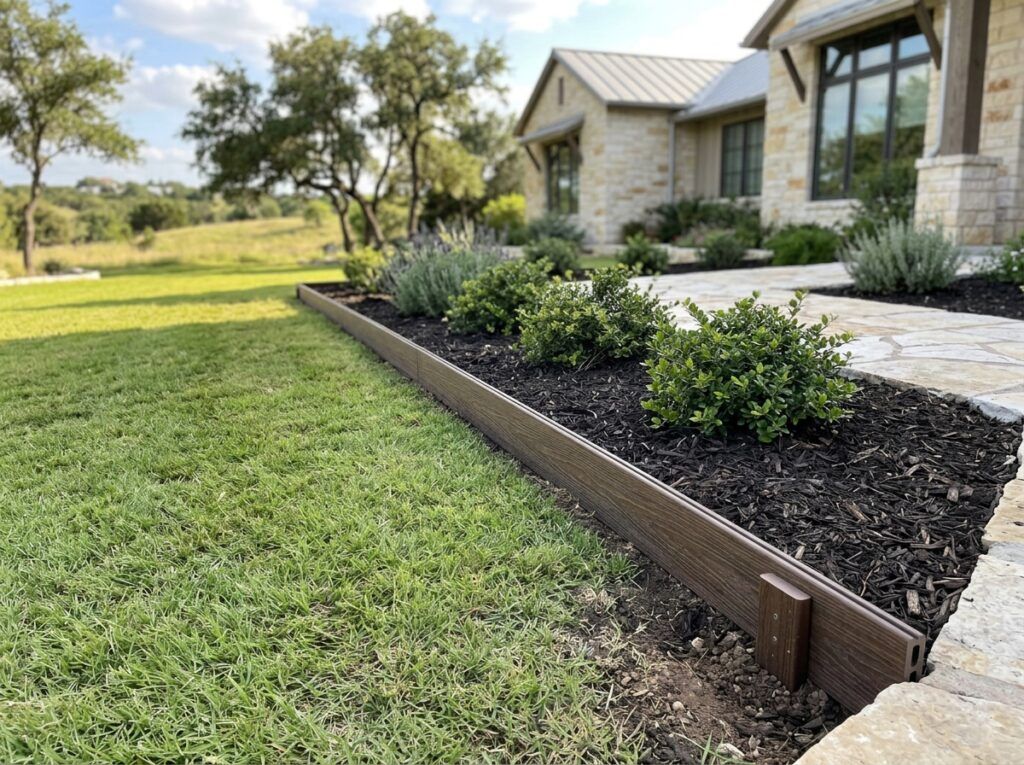 Composite Landscape Edging Board landscape edging shown as a dark composite board with grooved finish for garden borders.