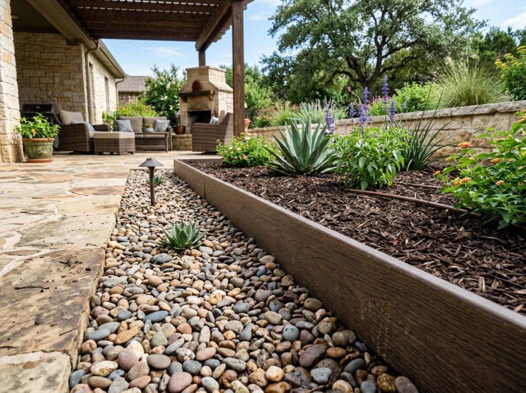 Composite Landscape Edging Board landscape edging installed as a dark composite board border along a garden bed.