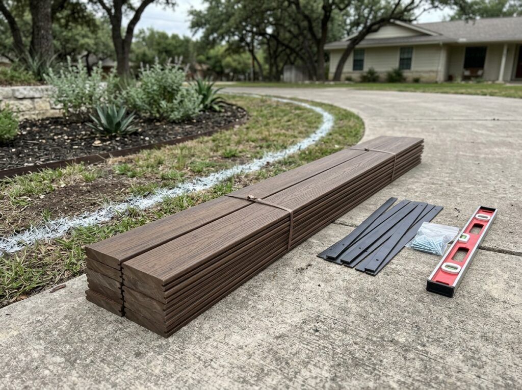 Composite Landscape Edging Board landscape edging shown as a brown composite board edging along a garden bed.