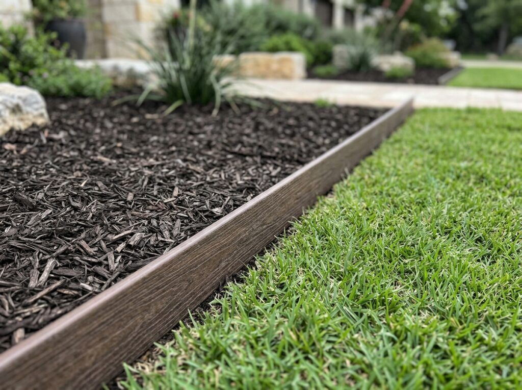 Composite Landscape Edging Board landscape edging board in dark composite finish laid along garden bed edge.