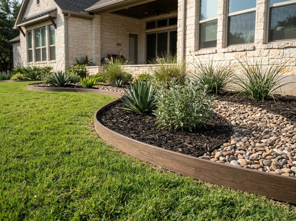 Composite Landscape Edging Board landscape edging installed along a garden border with a dark wood-look finish.